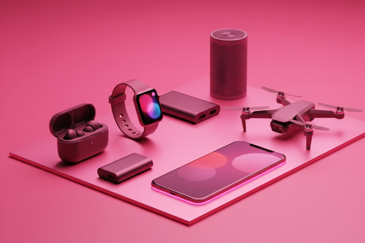 Artículos de tecnología con paleta rosa